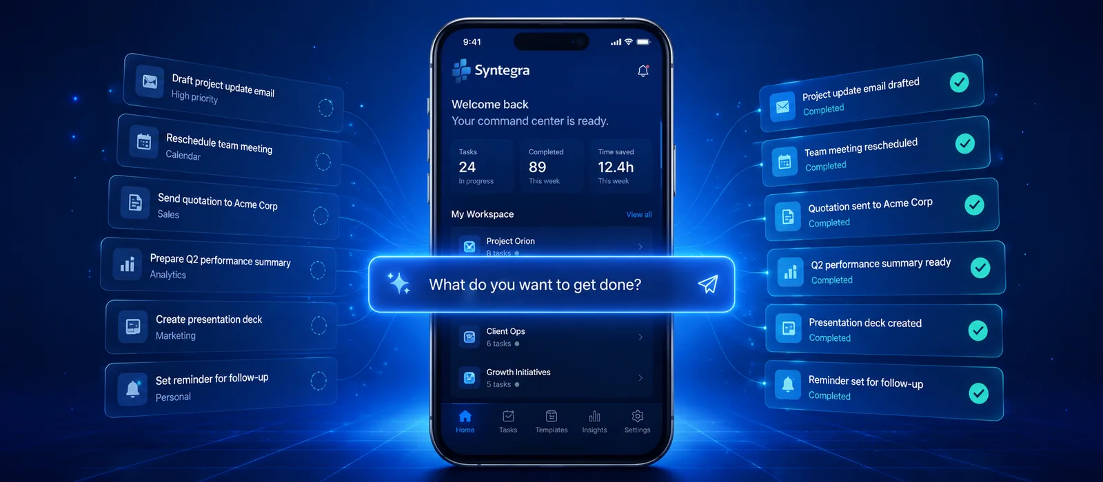 Ponsel Syntegra dengan command field bertuliskan “What do you want to get done?” dikelilingi kartu task yang berubah menjadi checklist.