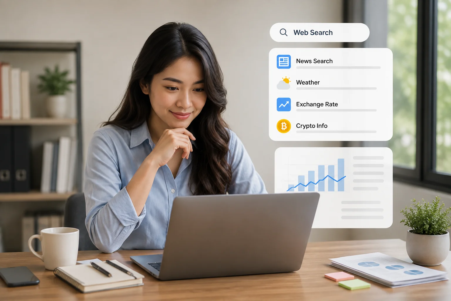 Seorang pria menatap laptop dengan ekspresi berpikir, dikelilingi panel Web Search, News, Weather, Exchange Rate, dan Crypto Info.